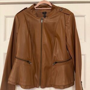 QVC Tan Leather Jacket with Zipper Details